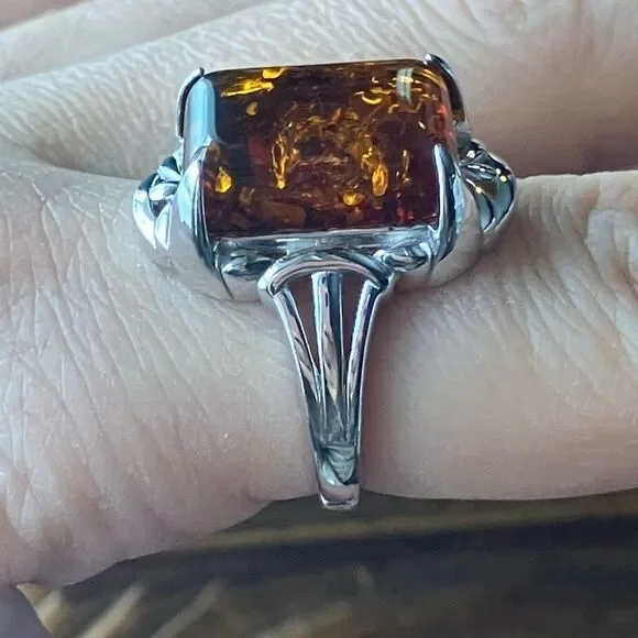 Natural Amber Sterling Silver Cocktail Ring Size 8 - Picture 3 of 10